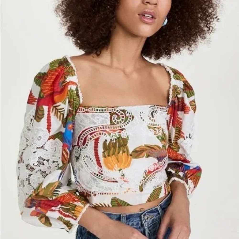 Farm Rio Top Womens L Forest Birds Embroidered Tropical Cropped Jungle Bananas‎
